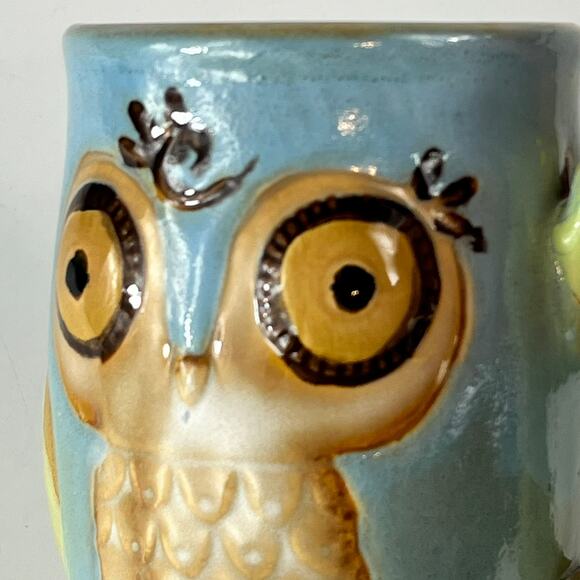 Gibson Owl Coffee Mug Hand Painted Blue Green Bird Stoneware Glaze Character Tea - Picture 8 of 16